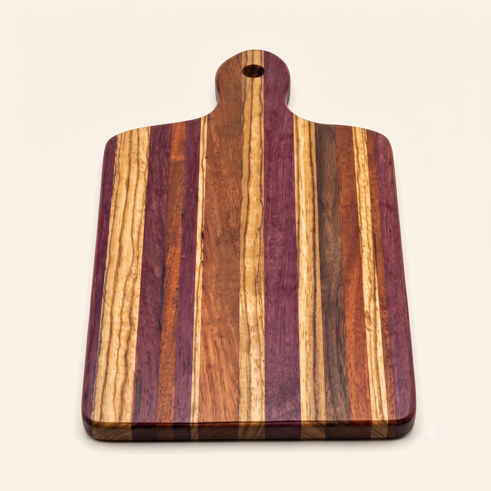 Mixed-Wood Cutting Board — Oak, walnut, purple heart & mahogany